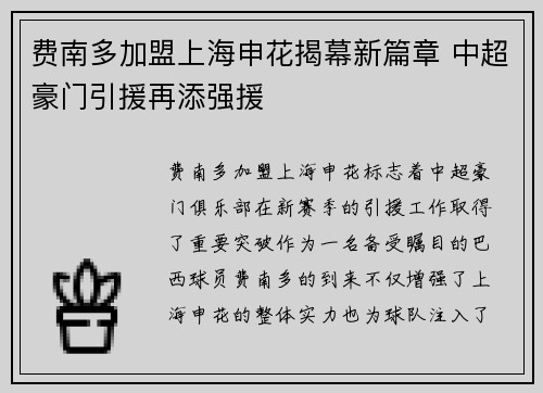 费南多加盟上海申花揭幕新篇章 中超豪门引援再添强援