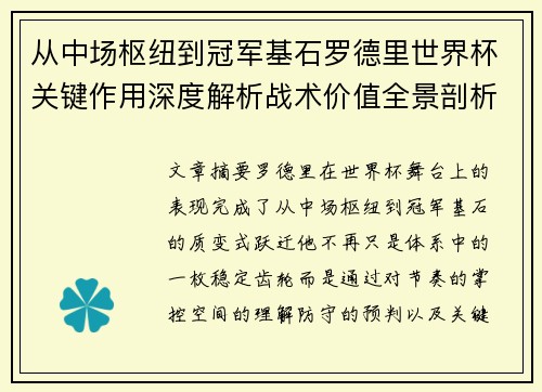 从中场枢纽到冠军基石罗德里世界杯关键作用深度解析战术价值全景剖析
