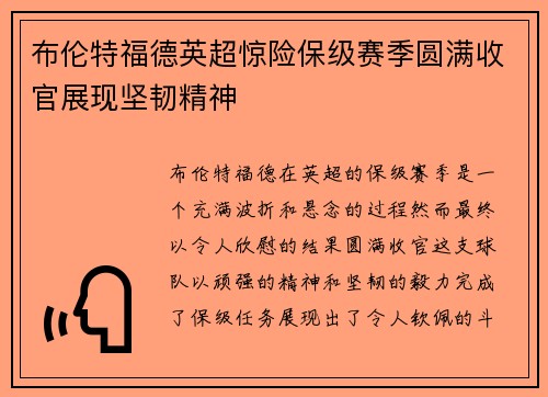 布伦特福德英超惊险保级赛季圆满收官展现坚韧精神