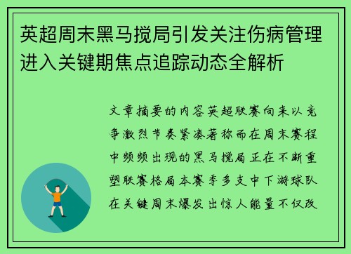 英超周末黑马搅局引发关注伤病管理进入关键期焦点追踪动态全解析 英超周末黑马搅局引发关注伤病管理进入关键期焦点追踪动态全解析