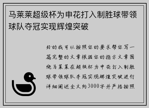 马莱莱超级杯为申花打入制胜球带领球队夺冠实现辉煌突破 马莱莱超级杯为申花打入制胜球带领球队夺冠实现辉煌突破