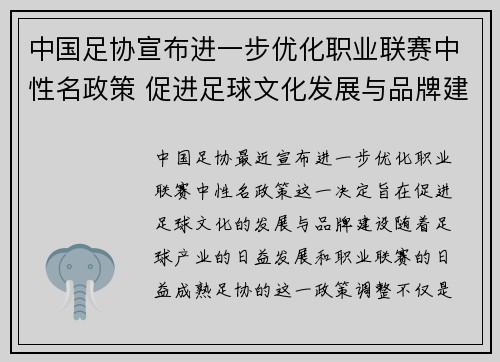 中国足协宣布进一步优化职业联赛中性名政策 促进足球文化发展与品牌建设 中国足协宣布进一步优化职业联赛中性名政策 促进足球文化发展与品牌建设